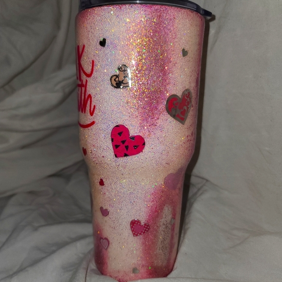 Pink & White Geod Style Walk By Faith Glitter Tumbler With Hearts. - Picture 2 of 5